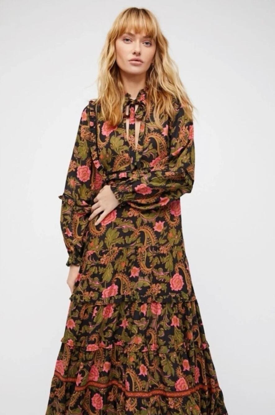 Spell & The Gypsy Etienne Floral Maxi Dress Size XL Dark Romantic Boho Noir